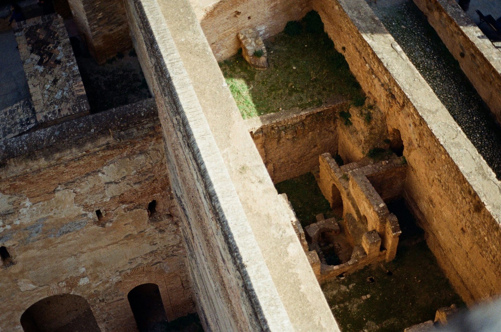 An aerial view of a building with a small courtyard